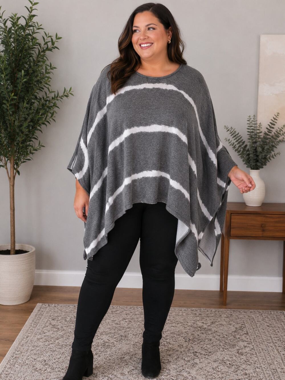 Jodifl Plus Size Gray White Striped Poncho Sweater One Size Oversized